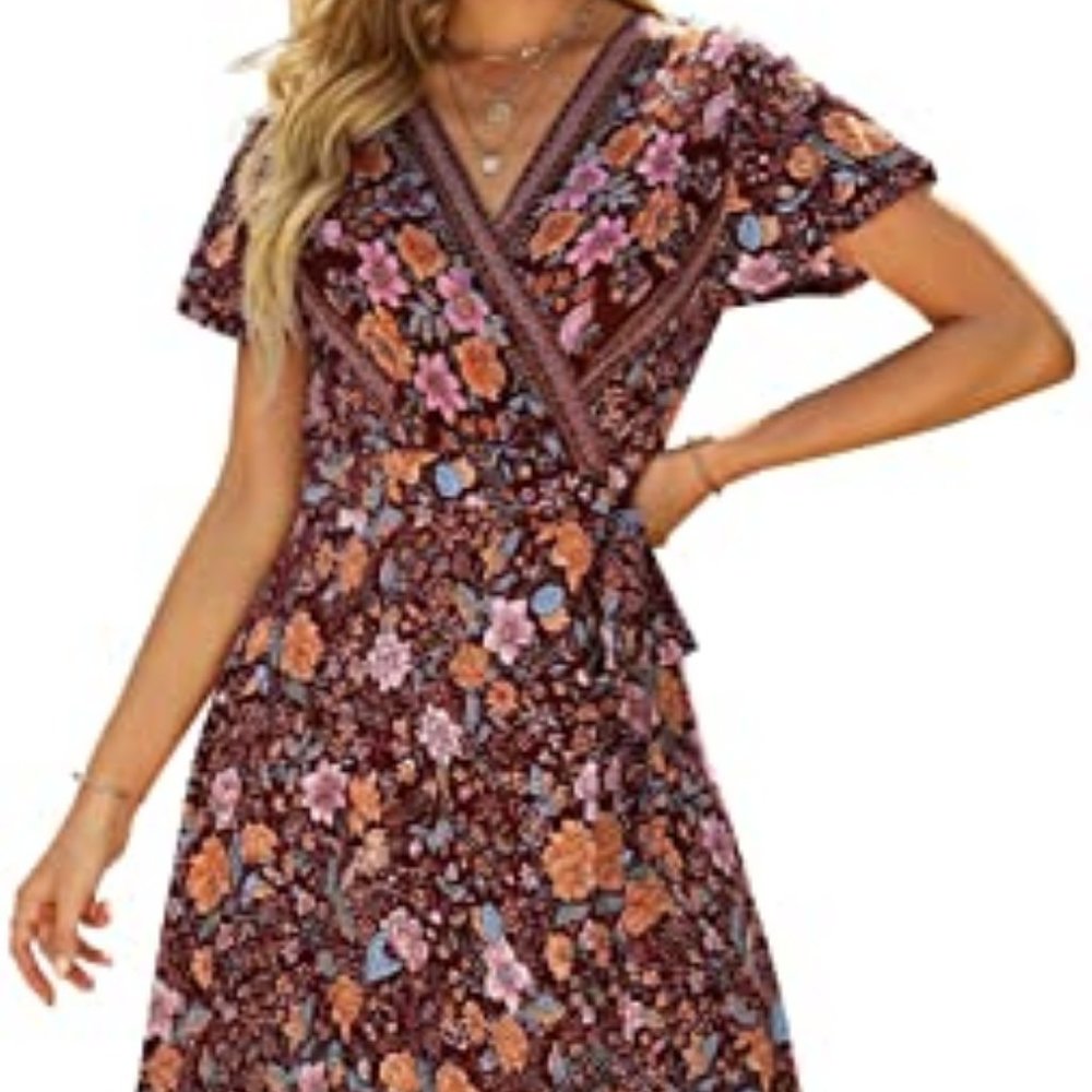 Bohemian Floral Printed Wrap V Neck Short Sleeve